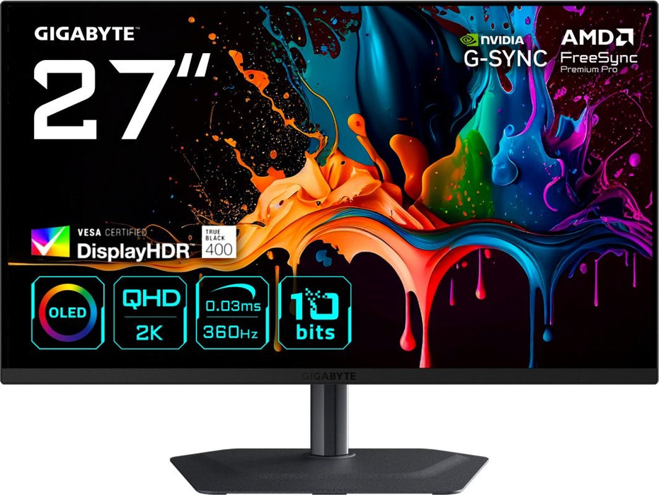GIGABYTE MO27Q3 27” OLED QHD Gaming Monitor - 2560 x 1440, 360Hz, 0.03ms, 250 cd/m², G-Sync Compatible, FreeSync Premium Pro, Display HDR True Black 400, HDMI 2.1, Displayport 1.4