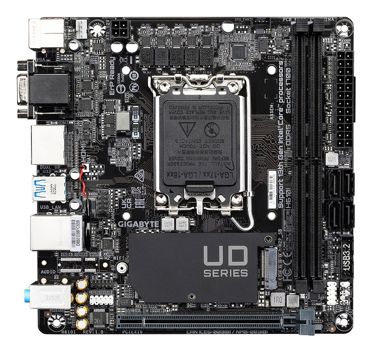 GIGABYTE H610I Motherboard - Supports Intel Core 14th CPUs, 4+1+1 Hybrid Digital VRM, up to 5600MHz DDR5, 1xPCIe 3.0 M.2, GbE LAN, USB 3.2 Gen 1