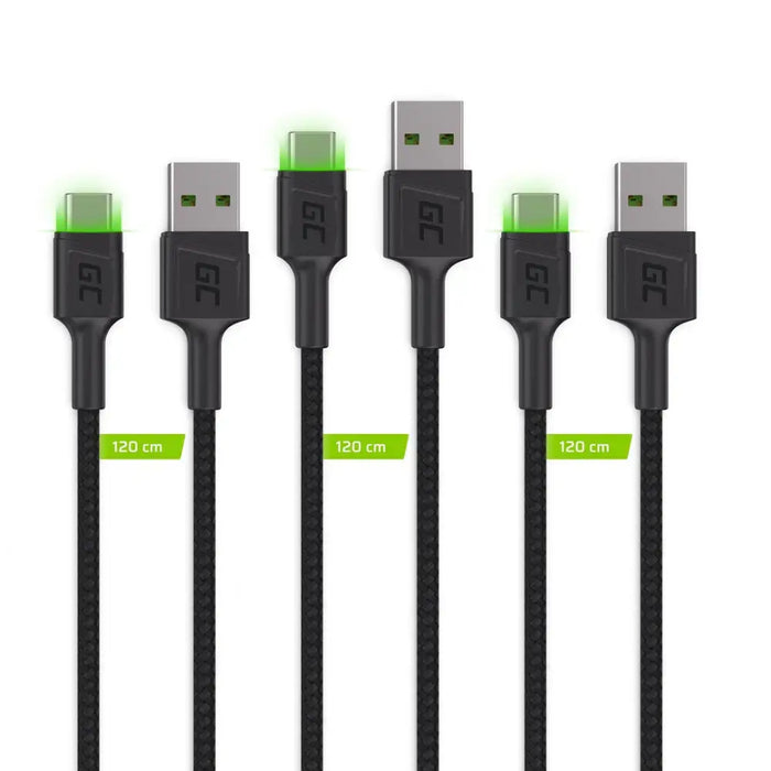 Green Cell Set 3x Ray USB-C 120cm Cable with green LED backlight fast charging Ultra Charge QC 3.0 - USB