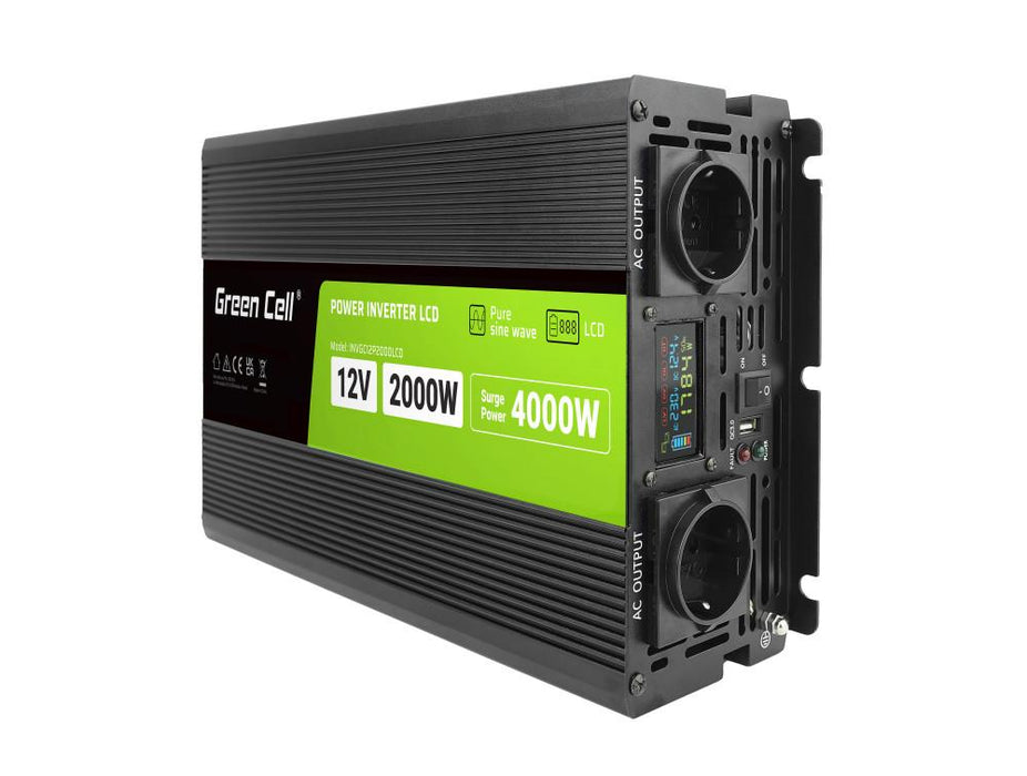 Inverter GREEN CELL, 12/220V, DC/AC, 2000W/4000W, INVGCP2000LCD LCD Pure sine wave