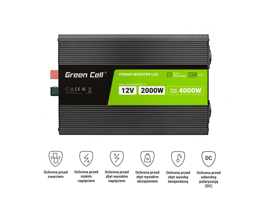 Inverter GREEN CELL, 12/220V, DC/AC, 2000W/4000W, INVGCP2000LCD LCD Pure sine wave