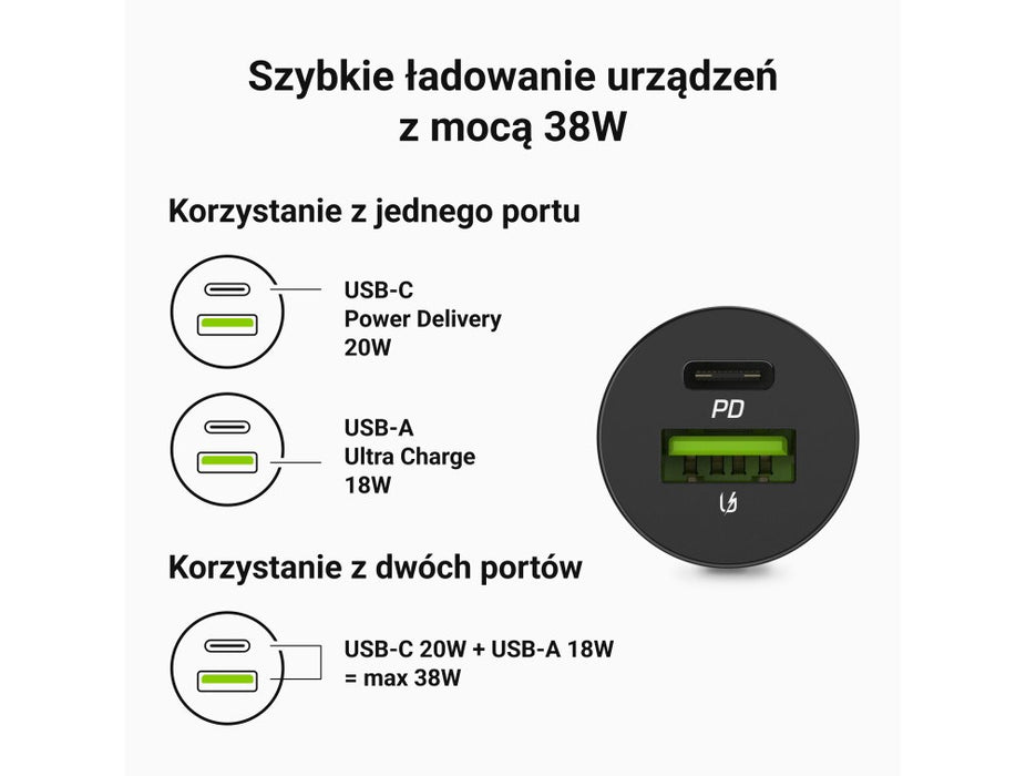 Green Cell GC PowerRide Nano38 38W 6A 1x USB-C 1x USB-A car charger