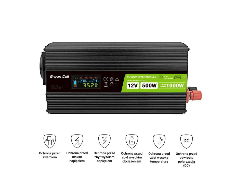 Inverter GREEN CELL, 12/220V, DC/AC, 500W/1000W INVGC12P500LCD LCD, Pure sine wave