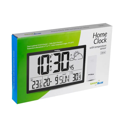 GreenBlue GB218 Extra Large LCD Wall Clock with Weather Station Temperature and Date Display - Wall