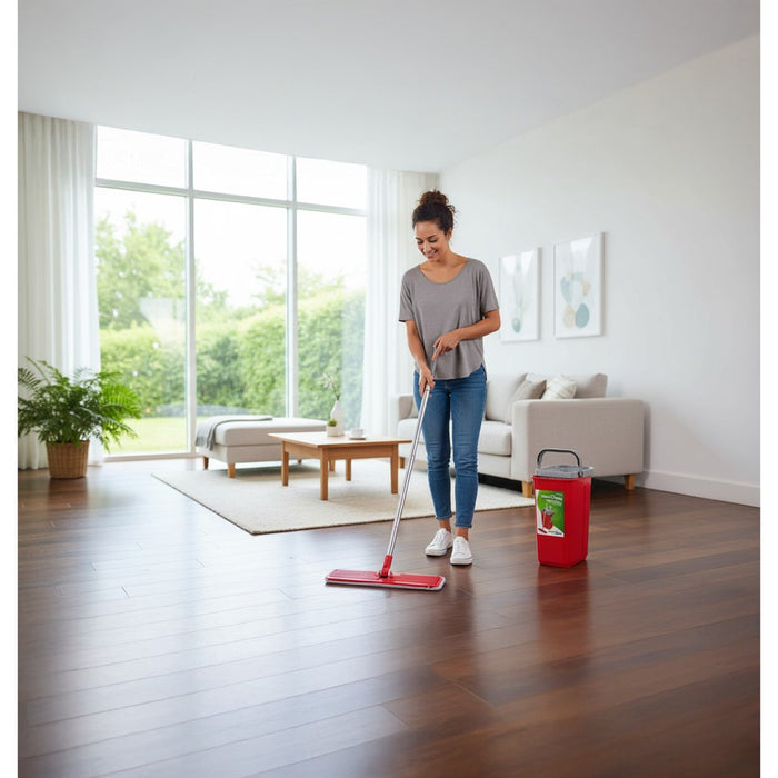 Flat Mop + Bucket + Telescopic Pole + 2 x Microfibre Pad 5.7L Floor Cleaning XXL Set Rotating Head