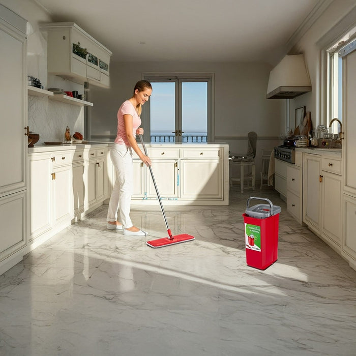 Flat Mop + Bucket + Telescopic Pole + 2 x Microfibre Pad 5.7L Floor Cleaning XXL Set Rotating Head