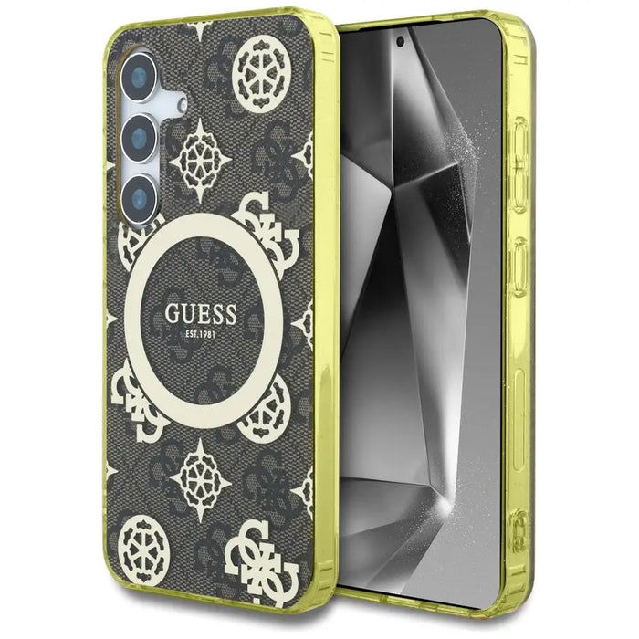 Guess 4G Background Gold Electroplated Peony Pattern MagSafe case for Samsung Galaxy S25 brown - Cell phone cases