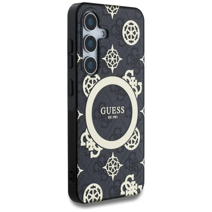 Guess 4G Background Gold Electroplated Peony Pattern MagSafe case for Samsung Galaxy S25 black - Cell phone cases
