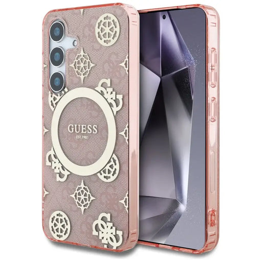 Guess 4G Background Gold Electroplated Peony Pattern MagSafe case for Samsung Galaxy S25 pink - Cell phone cases