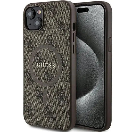 Guess 4G Collection Leather Metal Logo MagSafe Case for iPhone 15 Plus / 14 Plus - Brown - Cell phone cases
