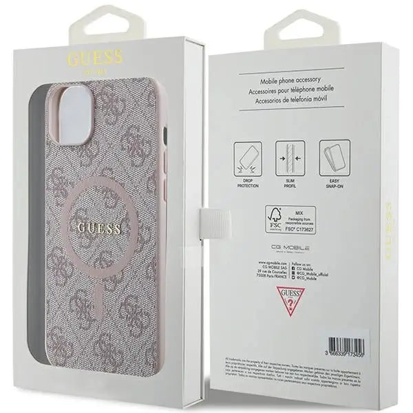Guess 4G Collection Leather Metal Logo MagSafe Case for iPhone 15 Plus / 14 Plus - Pink - Cell phone cases