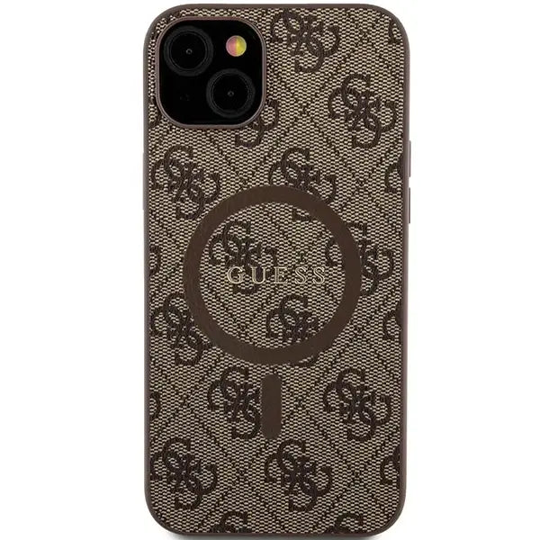 Guess 4G Collection Leather Metal Logo MagSafe Case for iPhone 15/14/13 - Brown - Cell phone cases