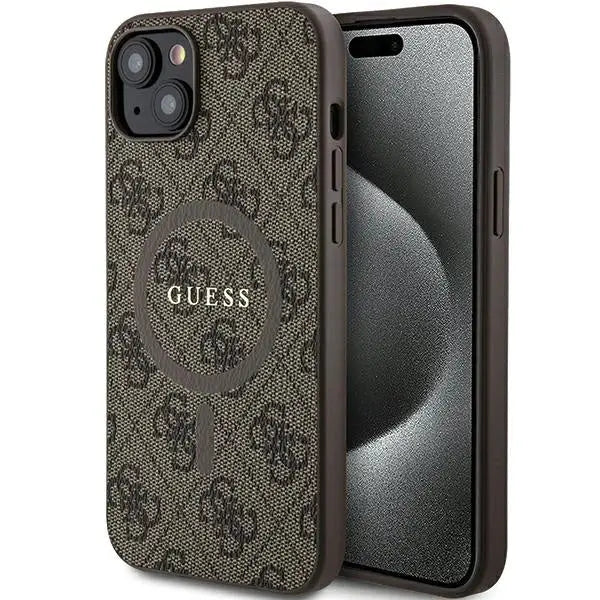 Guess 4G Collection Leather Metal Logo MagSafe Case for iPhone 15/14/13 - Brown - Cell phone cases