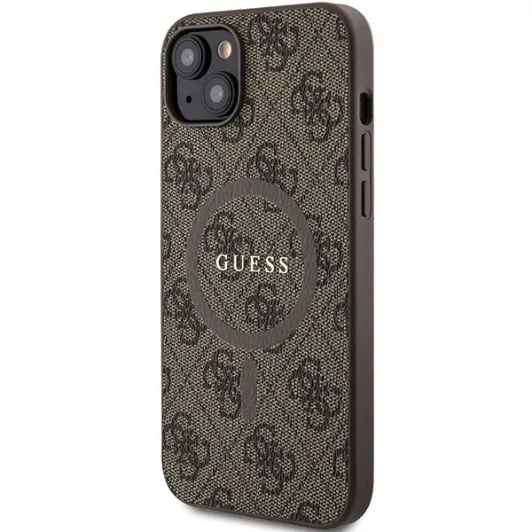 Guess 4G Collection Leather Metal Logo MagSafe Case for iPhone 15/14/13 - Brown - Cell phone cases