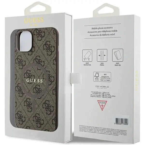 Guess 4G Collection Leather Metal Logo MagSafe Case for iPhone 15/14/13 - Brown - Cell phone cases