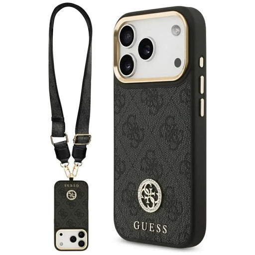 Guess 4G Strass Logo & Big Strap Metal Buttons MagSafe Case for iPhone 17 Pro - Black - Cell phone cases