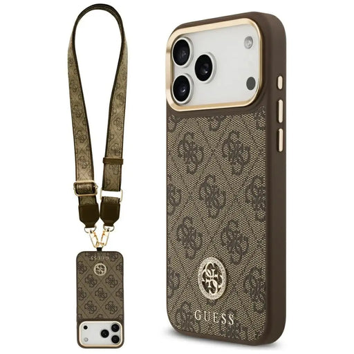 Guess 4G Strass Logo & Big Strap Metal Buttons MagSafe Case for iPhone 17 Pro Max - Brown - Cell phone cases