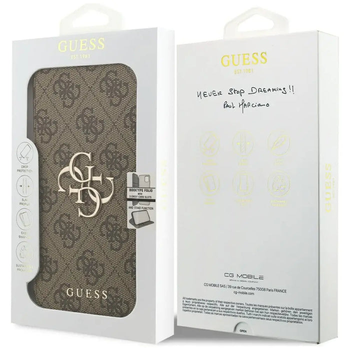 Guess Book 4G Metal Logo Case for iPhone 17 Pro Max - Brown - Cell phone cases and covers<<<HurtelXML
