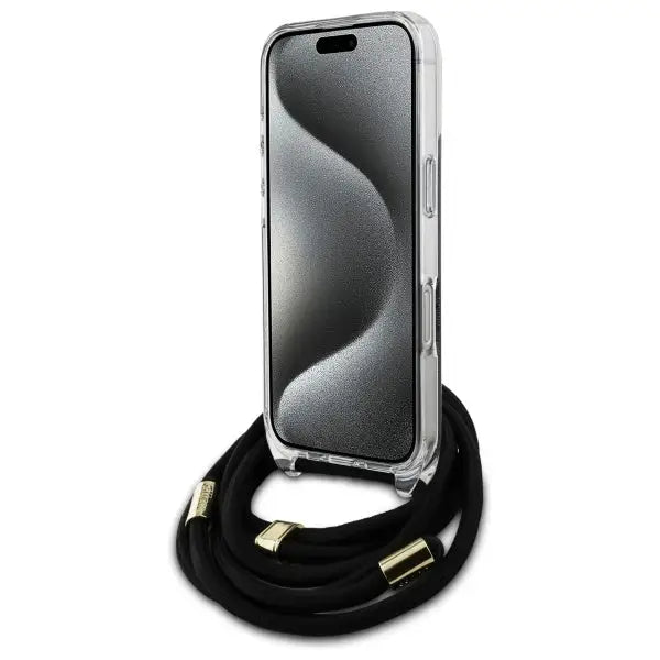 Guess Crossbody Cord 4G Print Case with Lanyard for iPhone 16 Pro - Black - Cell phone cases and covers<<<HurtelXML