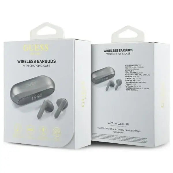 Guess Elongated Metalic Printed Logo Bluetooth TWS Headphones + Docking Station - Gray - Headphones