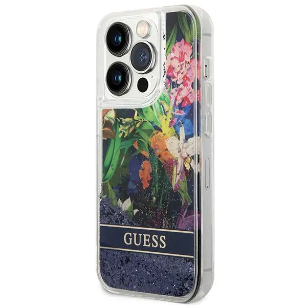 Guess Flower Liquid Glitter case for iPhone 14 Pro Max - blue - Cell phone cases and covers<<<HurtelXML