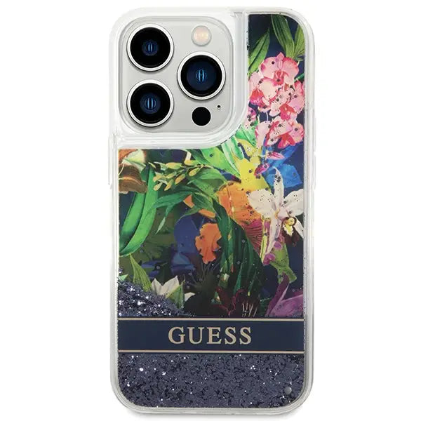 Guess Flower Liquid Glitter case for iPhone 14 Pro Max - blue - Cell phone cases and covers<<<HurtelXML