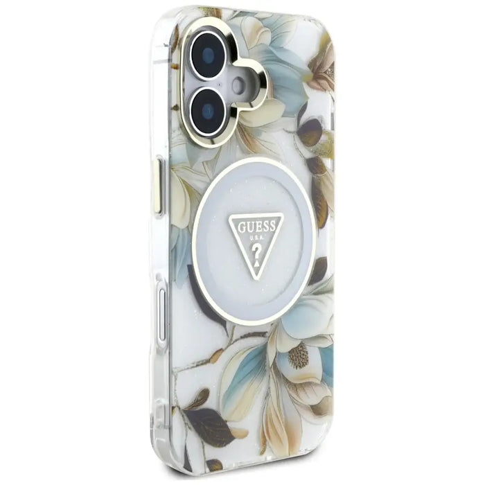 Guess Glitter Flowers Triangle Buttons MagSafe case for iPhone 16 white - Cell phone cases and covers<<<HurtelXML