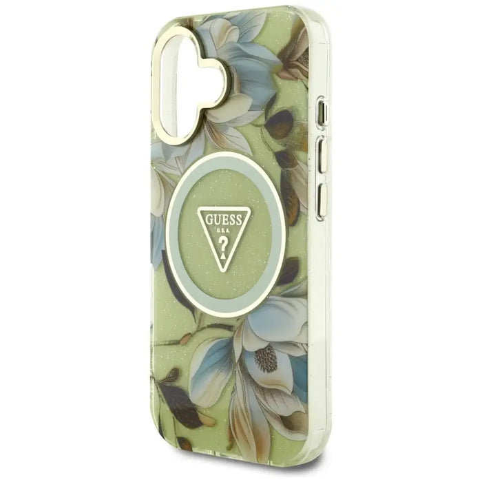 Guess Glitter Flowers Triangle Buttons MagSafe case for iPhone 16 green - Cell phone cases and covers<<<HurtelXML
