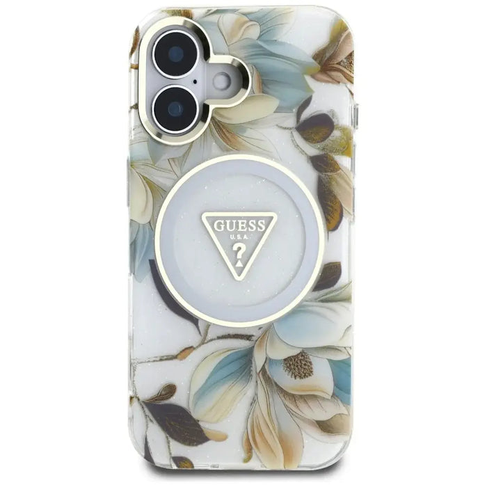 Guess Glitter Flowers Triangle Buttons MagSafe case for iPhone 16 white - Cell phone cases and covers<<<HurtelXML