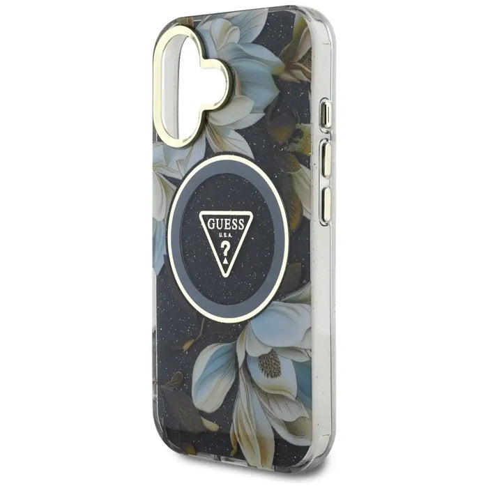 Guess Glitter Flowers Triangle Buttons MagSafe case for iPhone 16 black - Cell phone cases and covers<<<HurtelXML