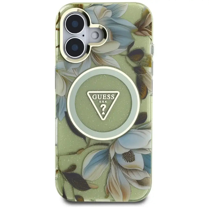 Guess Glitter Flowers Triangle Buttons MagSafe case for iPhone 16 green - Cell phone cases and covers<<<HurtelXML