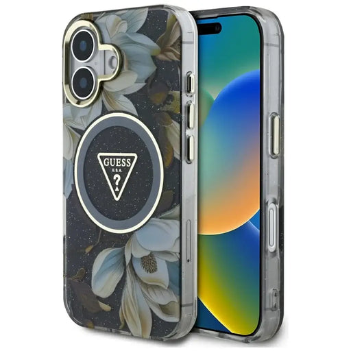 Guess Glitter Flowers Triangle Buttons MagSafe case for iPhone 16 black - Cell phone cases and covers<<<HurtelXML