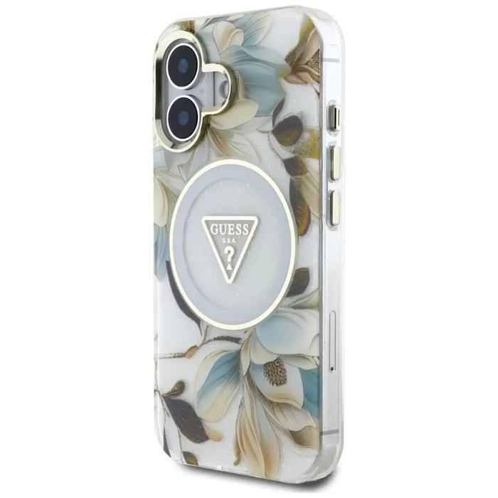 Guess Glitter Flowers Triangle Buttons MagSafe case for iPhone 16 white - Cell phone cases and covers<<<HurtelXML