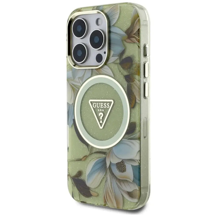 Guess Glitter Flowers Triangle Buttons MagSafe case for iPhone 16 Pro Max green - Cell phone cases