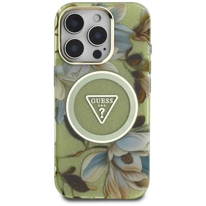 Guess Glitter Flowers Triangle Buttons MagSafe case for iPhone 16 Pro Max green - Cell phone cases