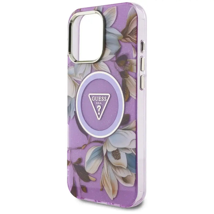 Guess Glitter Flowers Triangle Buttons MagSafe Case for iPhone 16 Pro Max Purple - Cell phone cases