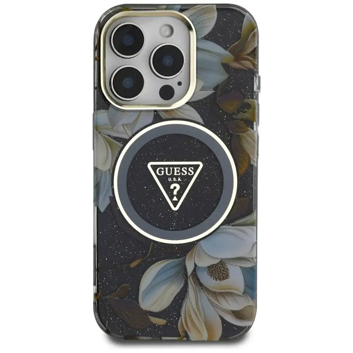 Guess Glitter Flowers Triangle Buttons MagSafe case for iPhone 16 Pro Max black - Cell phone cases