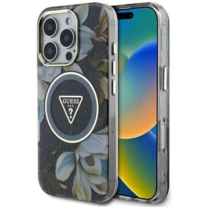 Guess Glitter Flowers Triangle Buttons MagSafe case for iPhone 16 Pro Max black - Cell phone cases