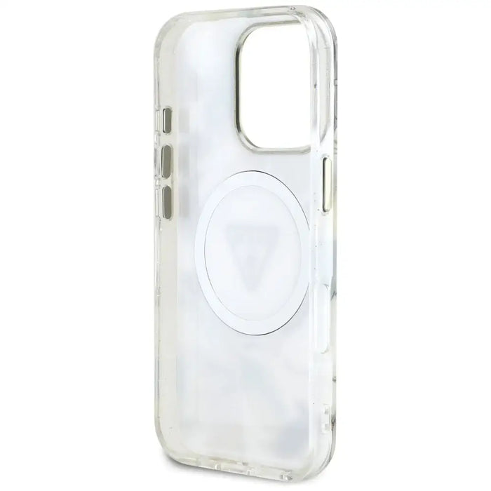 Guess Glitter Flowers Triangle Buttons MagSafe Case for iPhone 16 Pro Max White - Cell phone cases