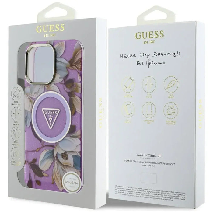 Guess Glitter Flowers Triangle Buttons MagSafe Case for iPhone 16 Pro Max Purple - Cell phone cases