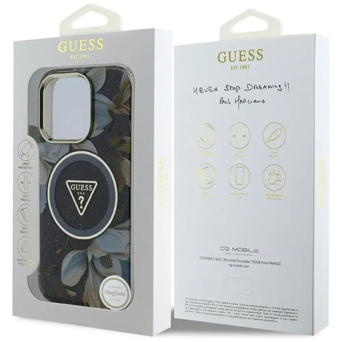 Guess Glitter Flowers Triangle Buttons MagSafe case for iPhone 16 Pro Max black - Cell phone cases