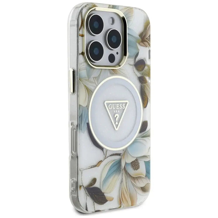 Guess Glitter Flowers Triangle Buttons MagSafe Case for iPhone 16 Pro Max White - Cell phone cases