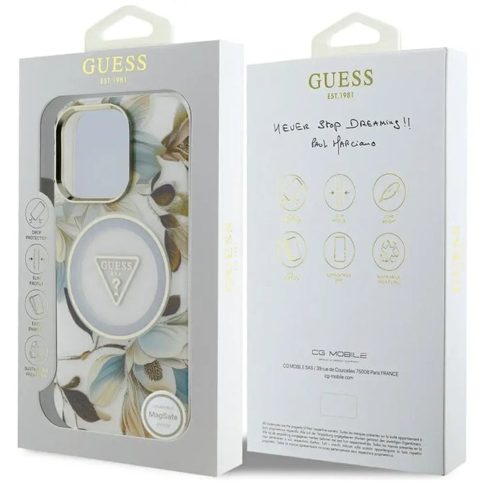 Guess Glitter Flowers Triangle Buttons MagSafe Case for iPhone 16 Pro Max White - Cell phone cases