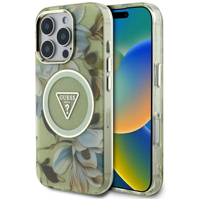 Guess Glitter Flowers Triangle Buttons MagSafe case for iPhone 16 Pro Max green - Cell phone cases