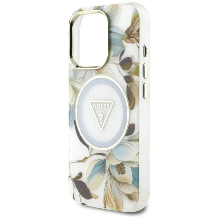 Guess Glitter Flowers Triangle Buttons MagSafe Case for iPhone 16 Pro Max White - Cell phone cases