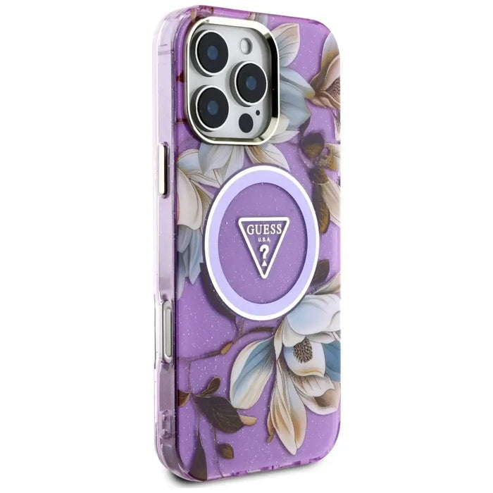 Guess Glitter Flowers Triangle Buttons MagSafe Case for iPhone 16 Pro Max Purple - Cell phone cases