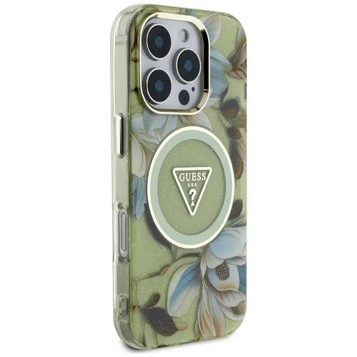 Guess Glitter Flowers Triangle Buttons MagSafe case for iPhone 16 Pro Max green - Cell phone cases