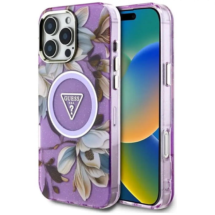 Guess Glitter Flowers Triangle Buttons MagSafe Case for iPhone 16 Pro Max Purple - Cell phone cases
