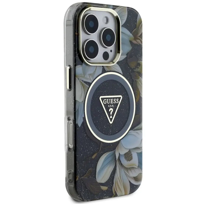 Guess Glitter Flowers Triangle Buttons MagSafe case for iPhone 16 Pro Max black - Cell phone cases
