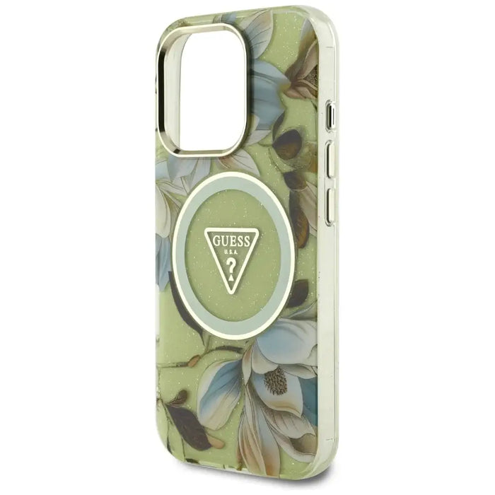 Guess Glitter Flowers Triangle Buttons MagSafe case for iPhone 16 Pro Max green - Cell phone cases
